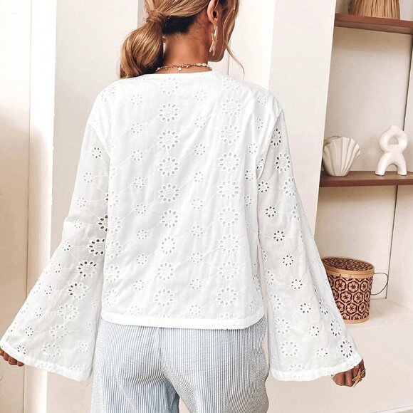 White Boho Women's Casual Woven Long Sleeve Front Tie Loose Blouse - Picture 2 of 6